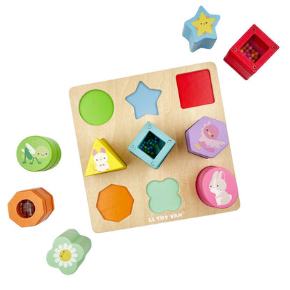 SenseSort – Drewniany sensoryczny sorter kształtów dla dzieci w wieku od 12 miesięcy – stymuluje odkrywanie dotykowe i rozwija sprawność motoryczną